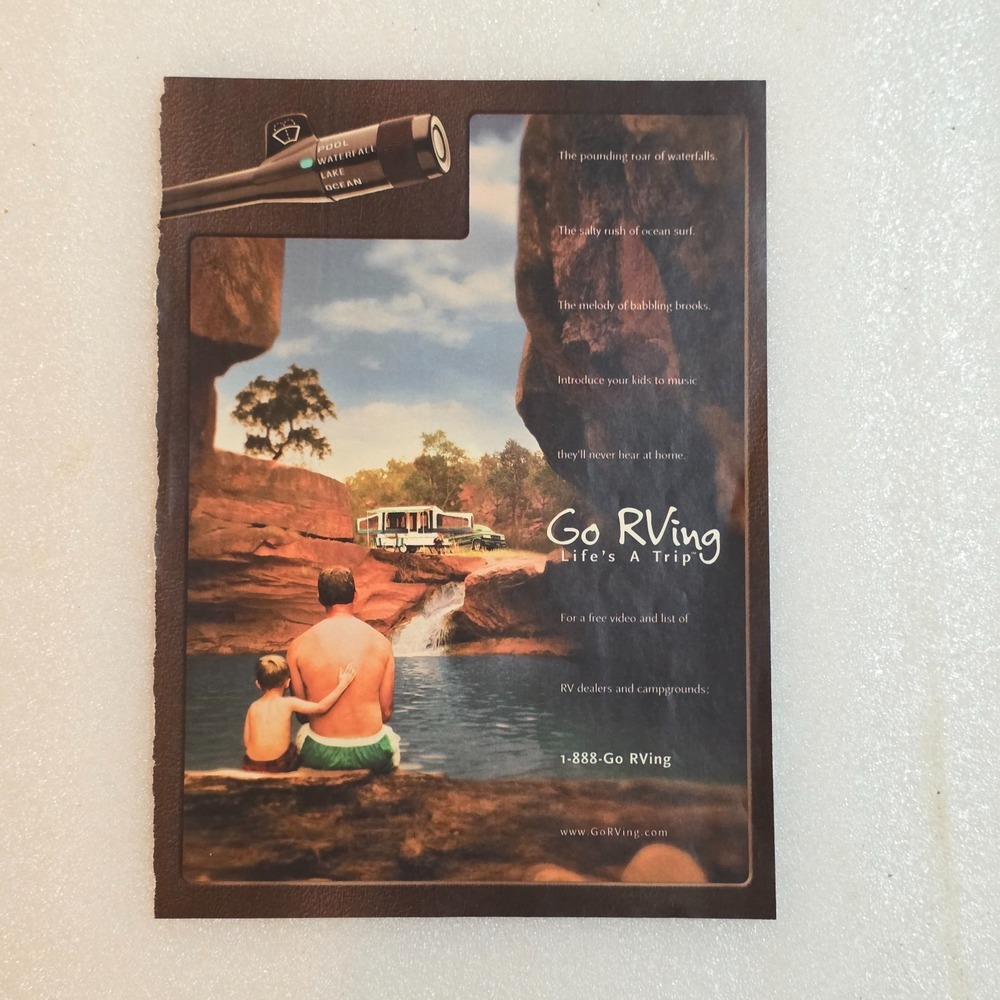 Vintage Print Ad Go RVing Life's a Trip father & son lake waterfall 8x10.5 2000